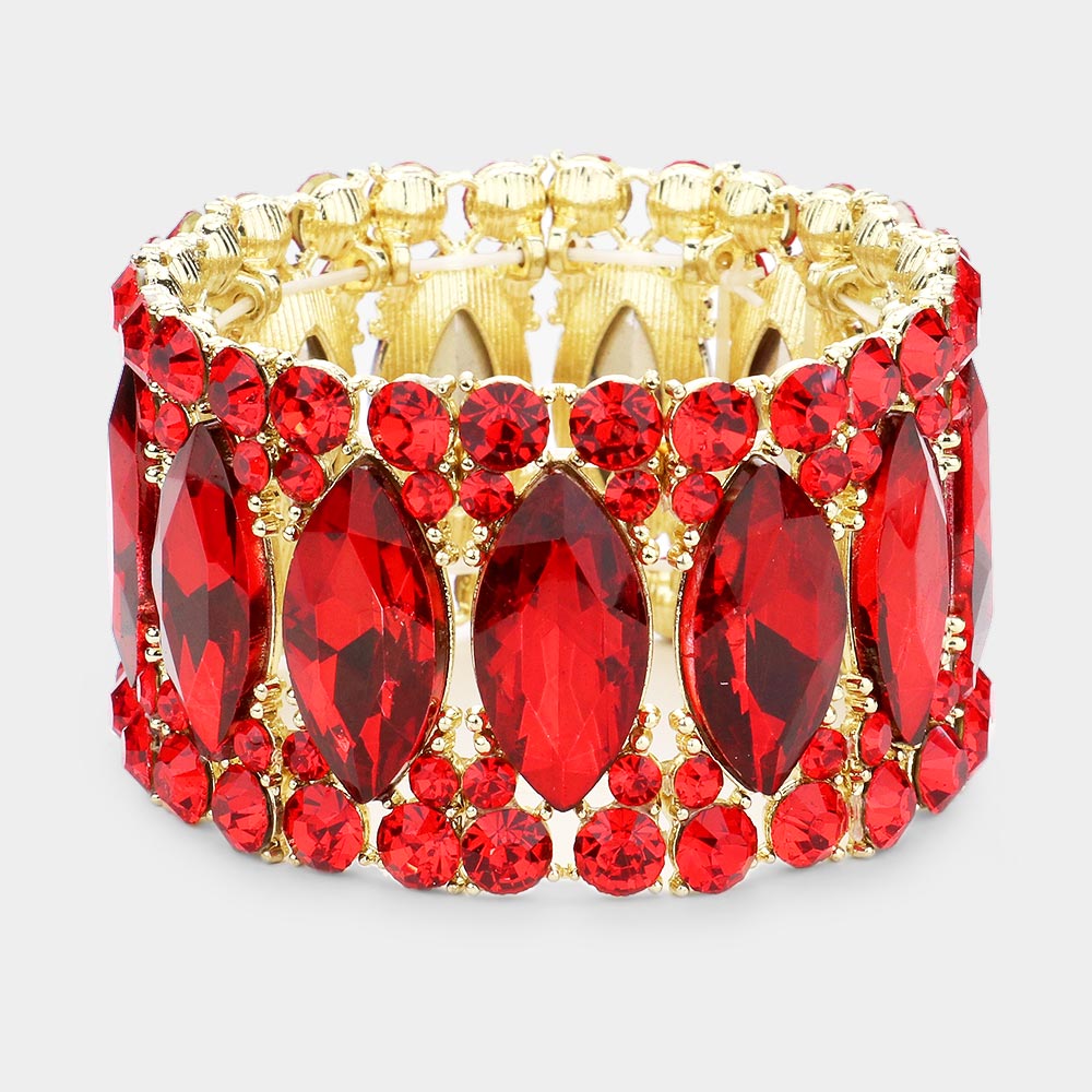 Red Large Marquise Stoned Stretch Pageant Bracelet | Prom Jewelry | 506897