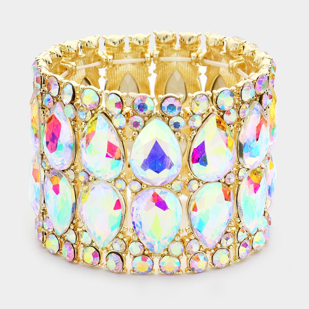 Wide AB Crystal Teardrop Stretch Pageant Bracelet on Gold | Pageant Jewelry | 519352