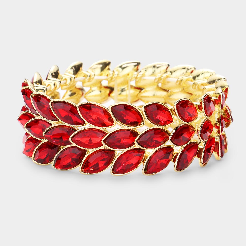 Three Row Red Crystal Marquise Stone Cluster Stretch Pageant Bracelet on Gold | Prom Bracelet | 506914