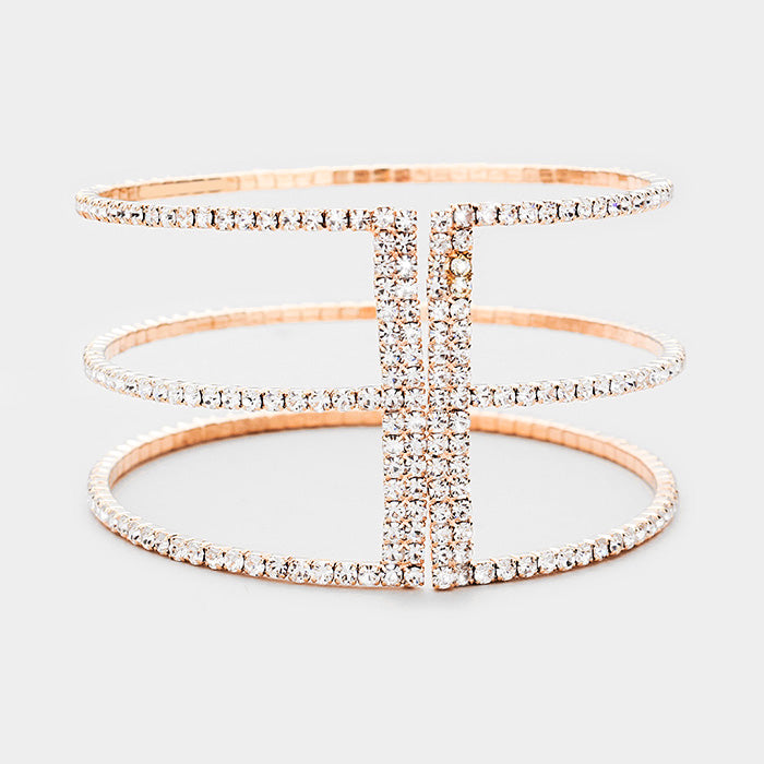 3 Row Split Layer Round Clear Crystal Cuff Bracelet on Rose Gold | 397419