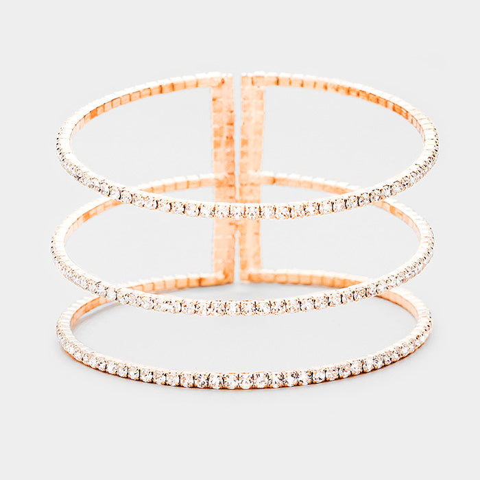 3 Row Split Layer Round Clear Crystal Cuff Bracelet on Rose Gold | 397419