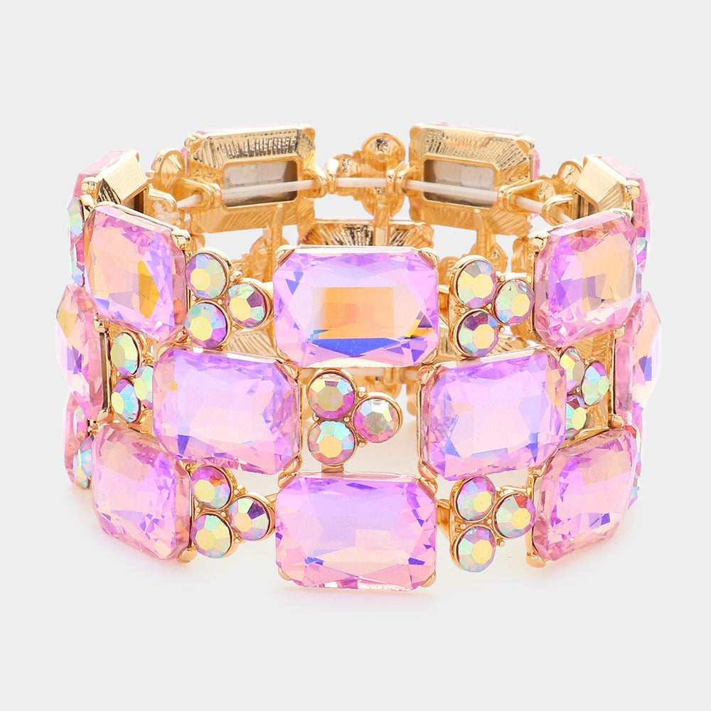 Pink Emerald Cut Stone Accented Pageant Stretch Bracelet | Crystal Bracelet | 581623