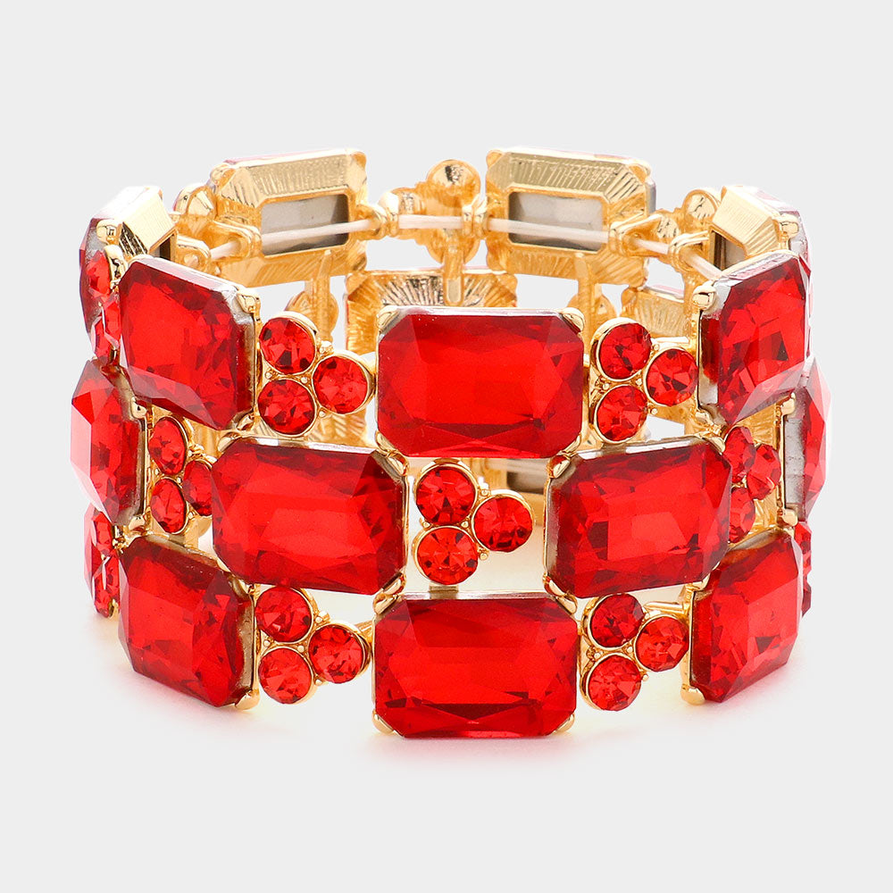 Red Emerald Cut Stone Accented Pageant Stretch Bracelet | Crystal Bracelet | 581624