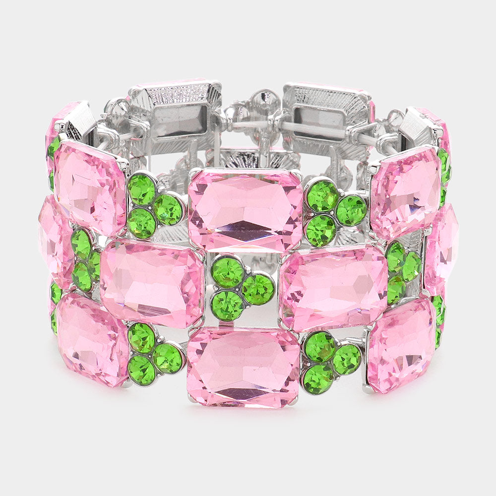 Pink & Green Emerald Cut Stone Accented Pageant Stretch Bracelet | Crystal Bracelet | 581627