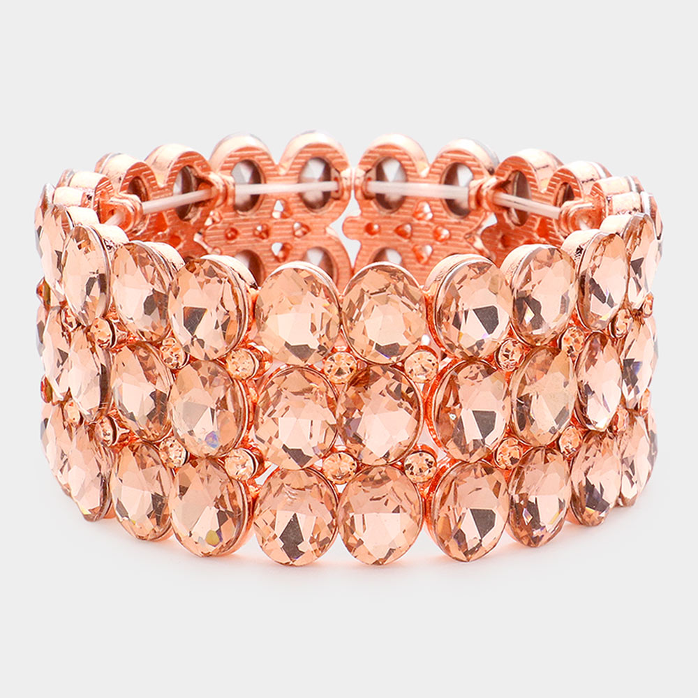 Wide Peach Three Row Crystal Oval Stone Stretch Bracelet | Big Chunky Bracelet | 596230