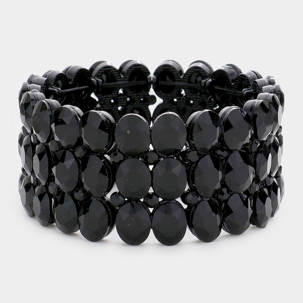 Wide Black Three Row Crystal Oval Stone Stretch Bracelet | Big Chunky Bracelet | 596243