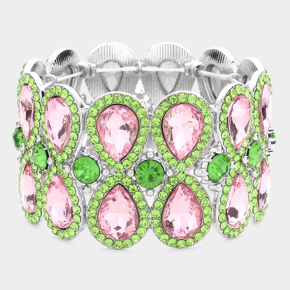 Double Teardrop Pink & Green Crystal Stretch Bracelet | 602639