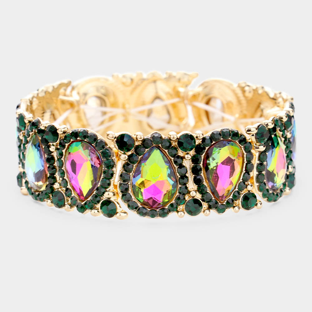 Slim Multi-Color Crystal Pear and Rhinestone Stretch Bracelet on Gold | Pageant Jewelry | 467989