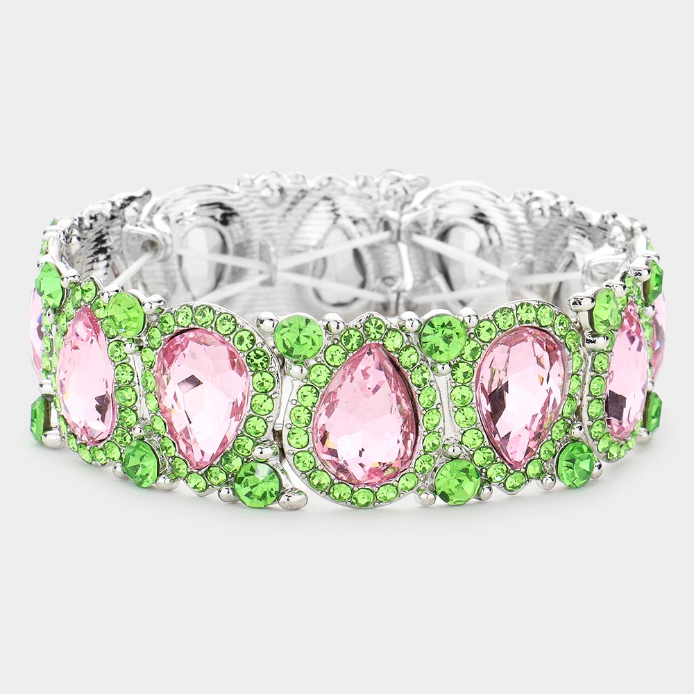 Slim Pink & Green Crystal Pear and Rhinestone Stretch Bracelet | Pageant Jewelry | 533134