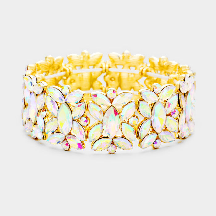 AB Crystal Floral Pageant Stretch Bracelet on Gold | Prom Bracelet | 389471