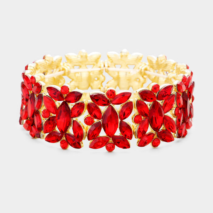 Red Crystal Floral Pageant Stretch Bracelet on Gold | Prom Bracelet | 389473