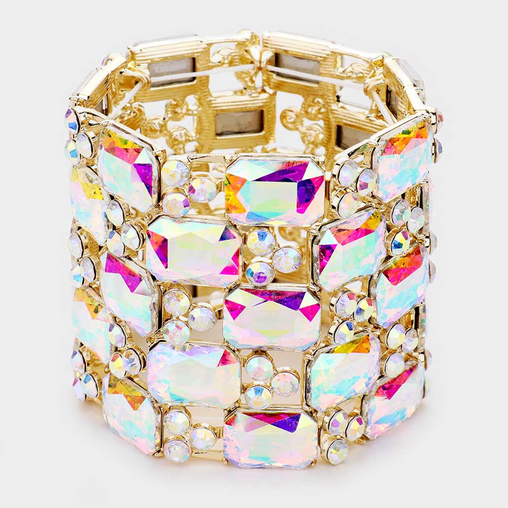 Large AB Emerald Cut Crystal Stretch Bracelet on Gold | Pageant Bracelet | 461814