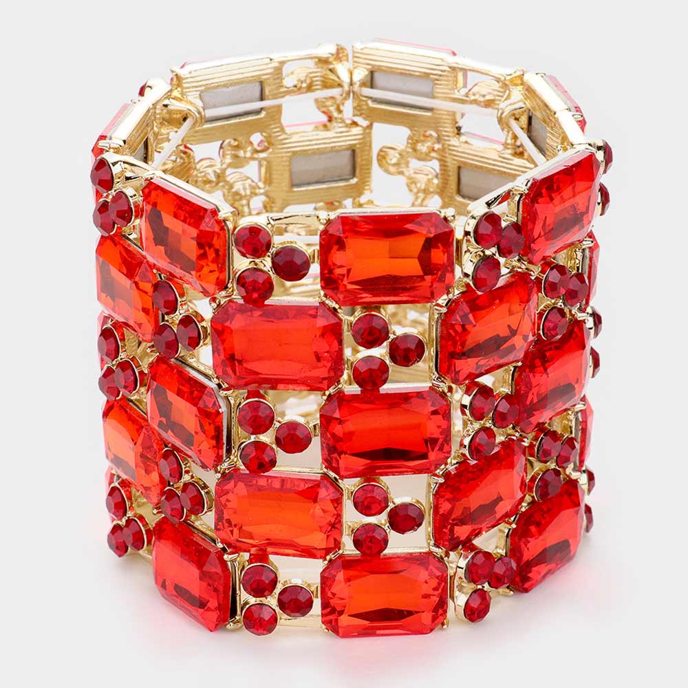 Large Red Emerald Cut Crystal Stretch Bracelet on Gold | Pageant Bracelet | 461821