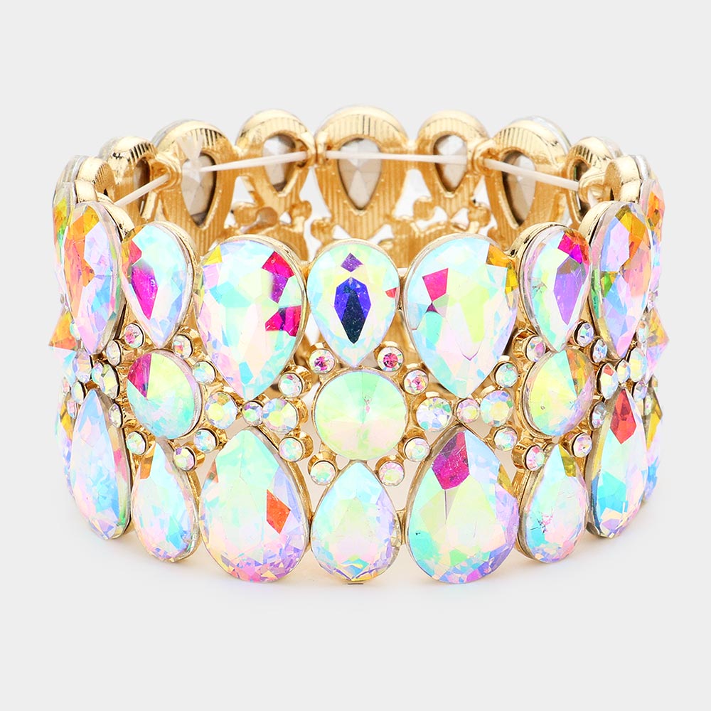 AB Crystal Teardrop Surround Stretch Pageant Bracelet on Gold | Prom Jewelry | 537645