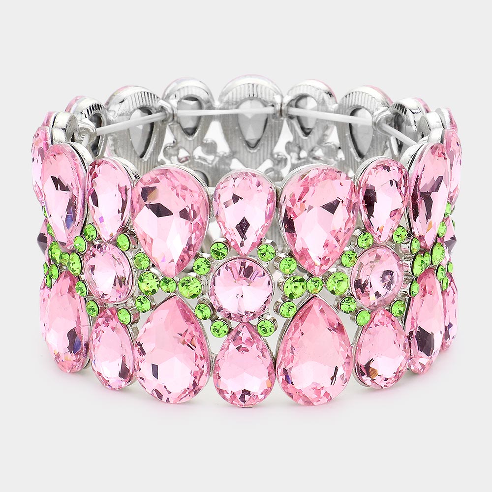 Pink & Green Crystal Teardrop Surround Stretch Pageant Bracelet | Prom Jewelry | 537654