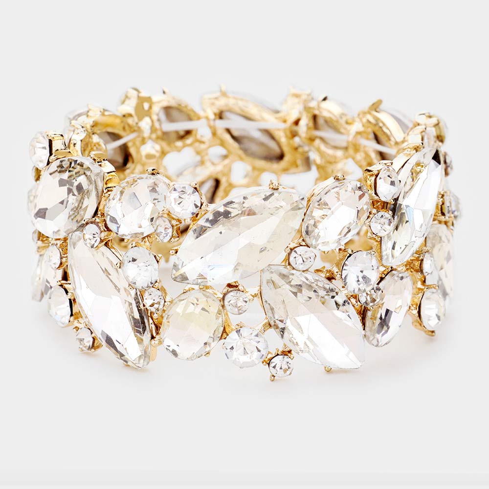 Clear Crystal Marquise Stretch Statement Bracelet on Gold | 461828