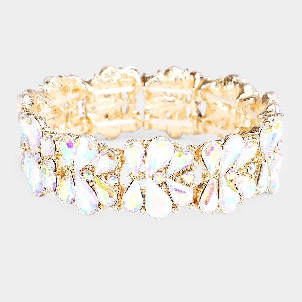 AB Crystal Teardrop Cluster Stretch Pageant Bracelet on Gold | Prom Bracelet | 484019