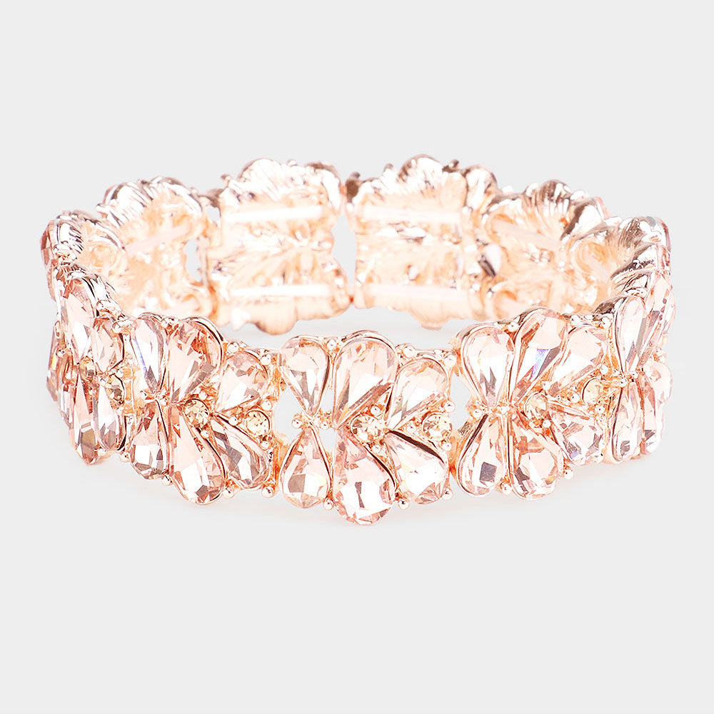 Peach Crystal Teardrop Cluster Stretch Pageant Bracelet on Gold | Prom Bracelet | 484024