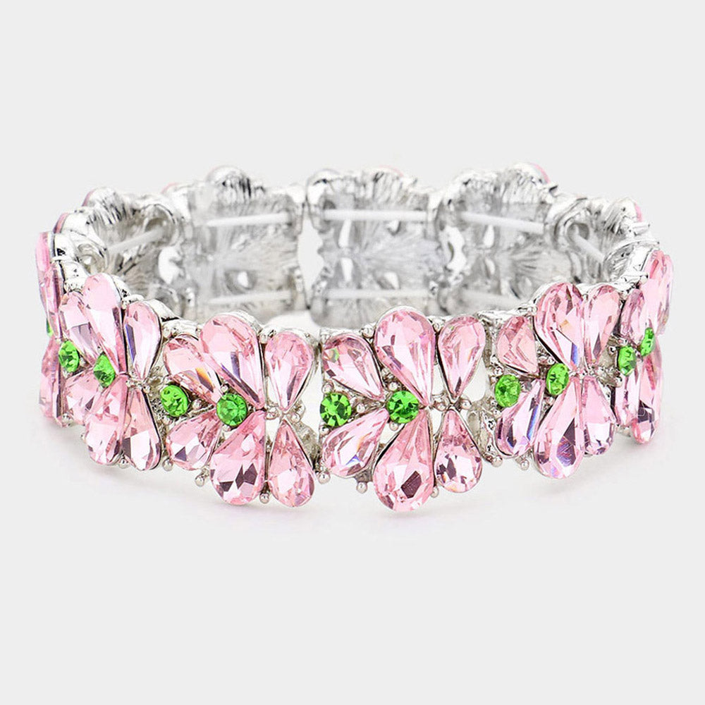 Pink & Green Crystal Teardrop Cluster Stretch Pageant Bracelet | Prom Bracelet | 529250