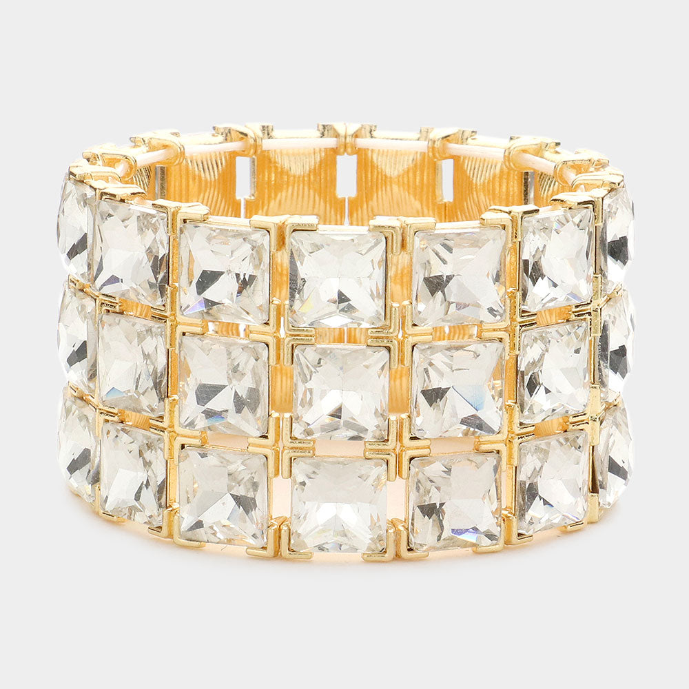 3 Row Clear Square Stone Stretch Pageant Bracelet on Gold | Statement Jewelry | 575001