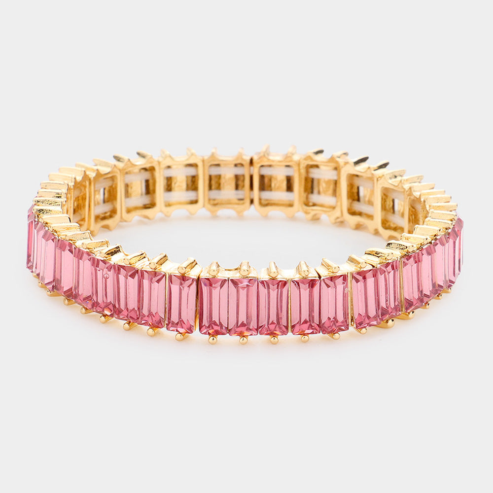 Rectangle Pink Crystal Stone Stretch Pageant Bracelet | Evening Bracelet | 589007