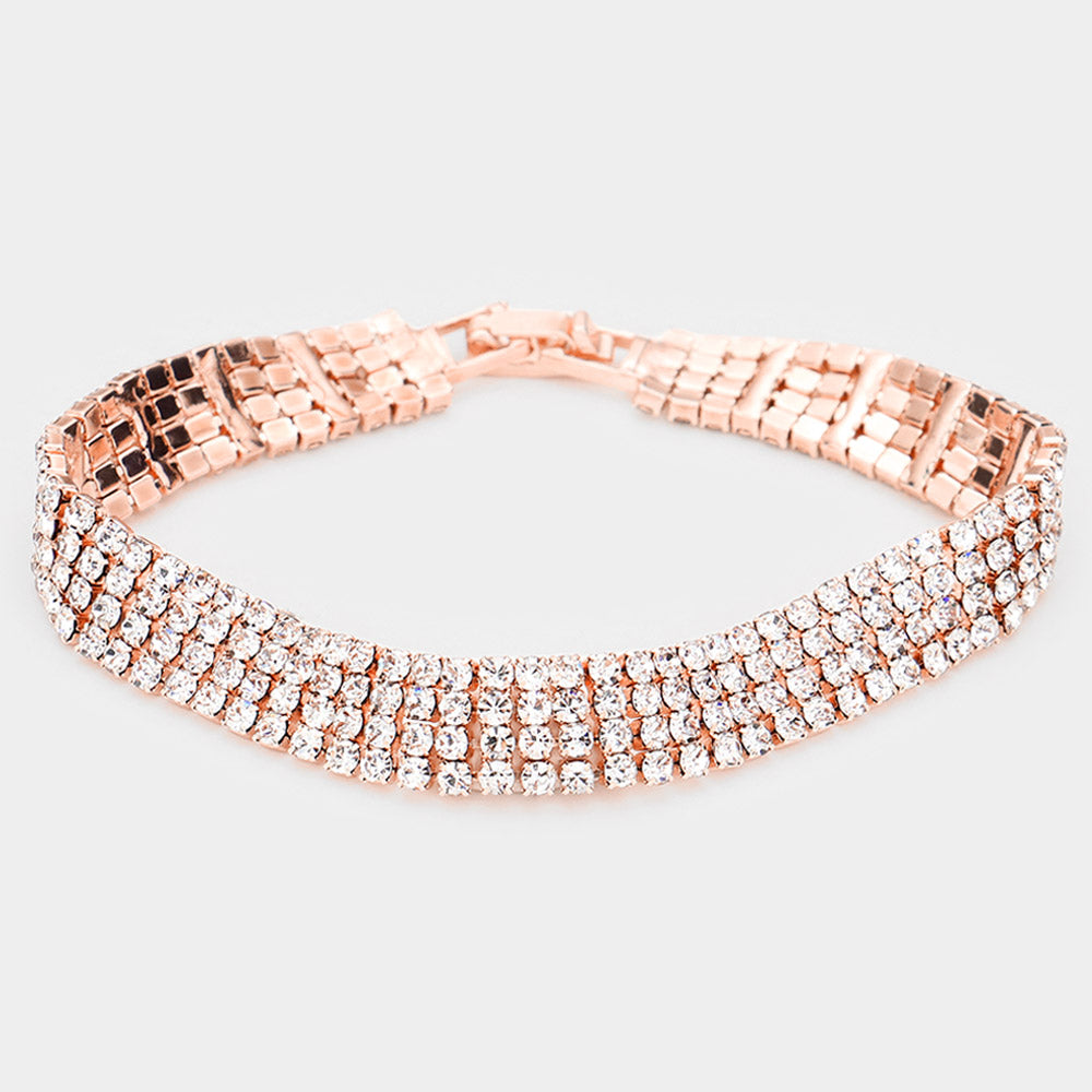 4 Row Crystal Rhinestone Bracelet on Rose Gold | Pageant Jewelry | 536776