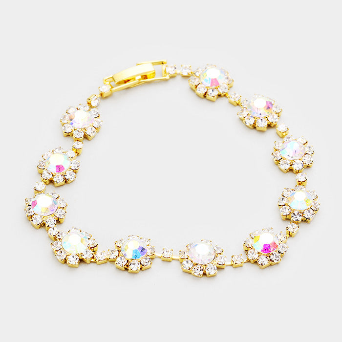 AB Round Crystal Rhinestone Rosette Evening Bracelet on Gold | 202602