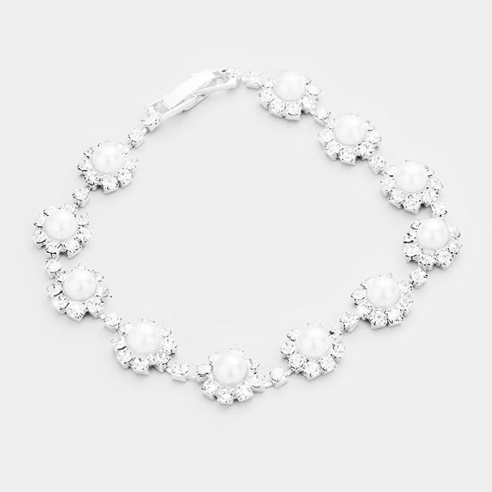 White Round Pearl & Crystal Rhinestone Rosette Evening Bracelet | 278608