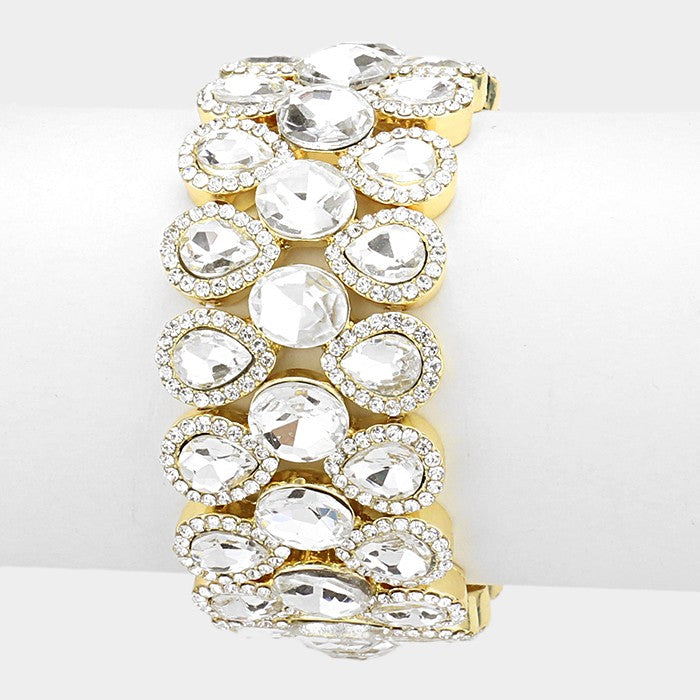 Clear triple-row glass crystal stretch evening bracelet on Gold | 326158