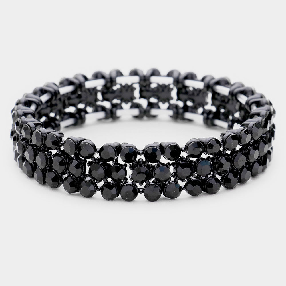 3 Row Black Crystal Stretch Prom Bracelet | Pageant Bracelet | 471425