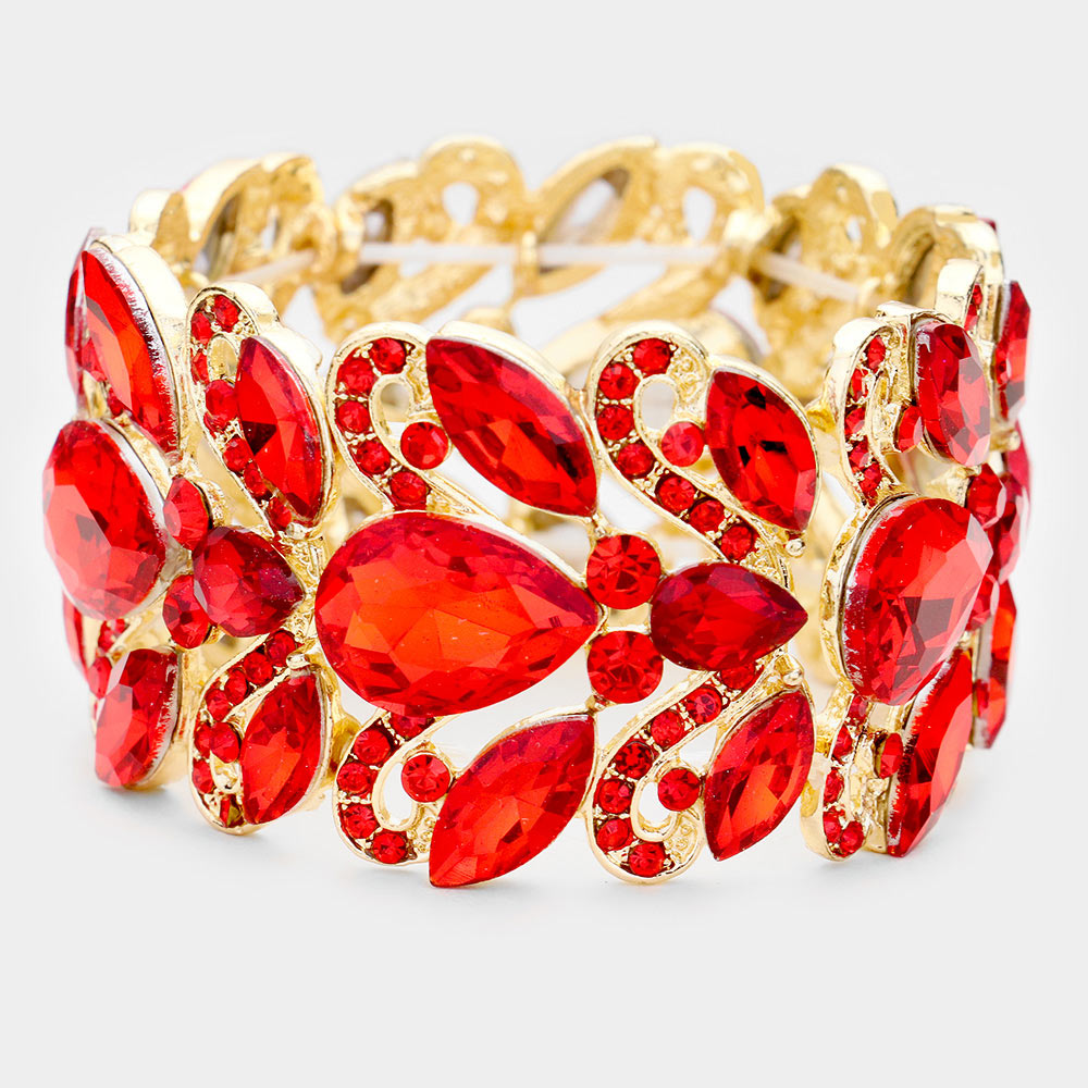 Red Chunky Crystal Teardrop Pageant Stretch Bracelet | Prom Bracelet | 455369