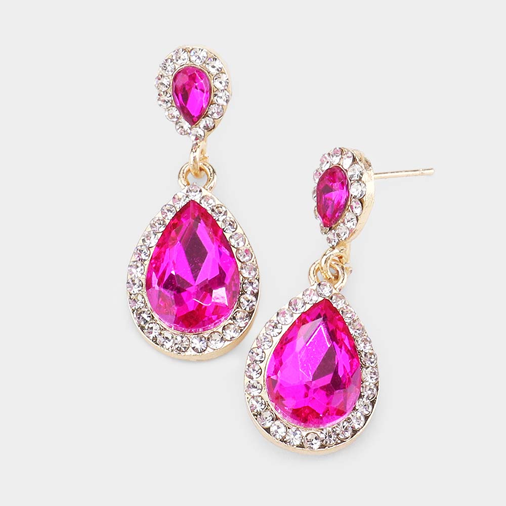 Small Fuchsia Crystal Double Teardrop Earrings | 480140