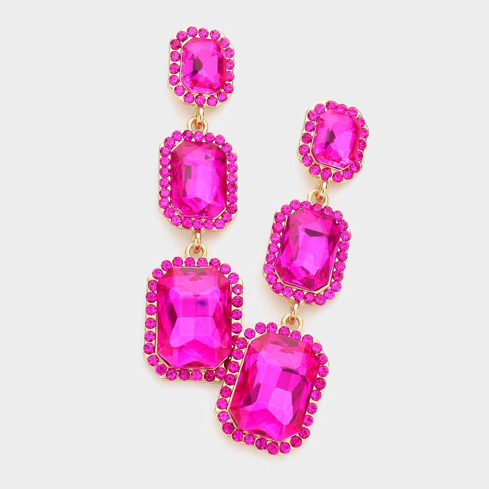 Triple Emerald Cut Fuchsia Stone Link Pageant Earrings | Prom Earrings | 572918