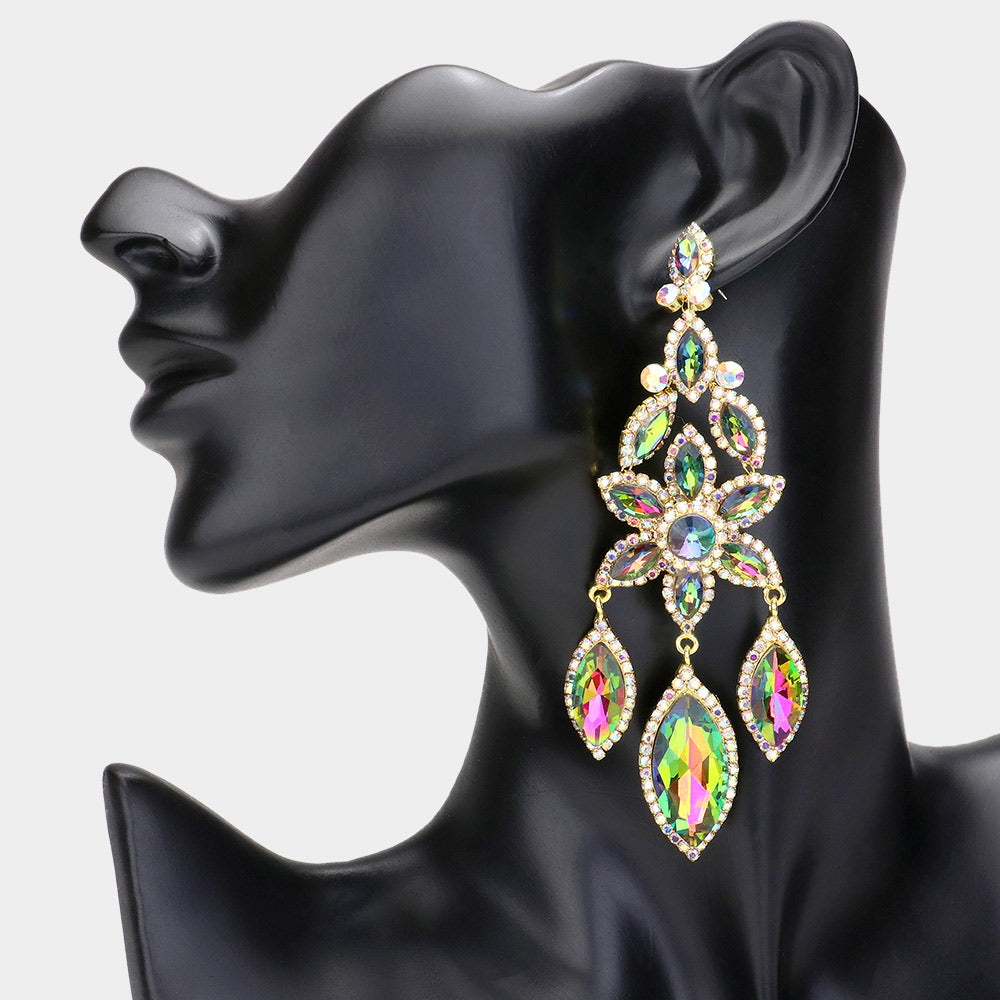 Multi-Color Flower Triple Marquise Stone Chandelier Evening Earrings | Statement Earrings | 616107