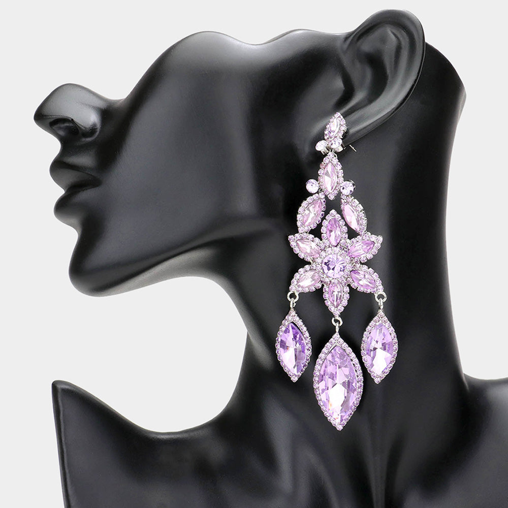 Lavender Flower Triple Marquise Stone Chandelier Evening Earrings | Statement Earrings | 608513