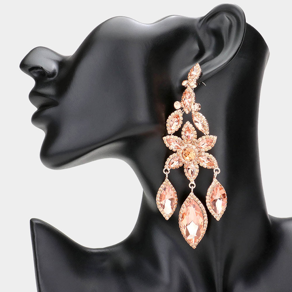 Peach Flower Triple Marquise Stone Chandelier Evening Earrings | Statement Earrings | 608507