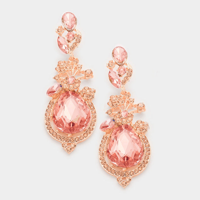 Peach Crystal Teardrop Vine Earrings on Rose Gold | 339782