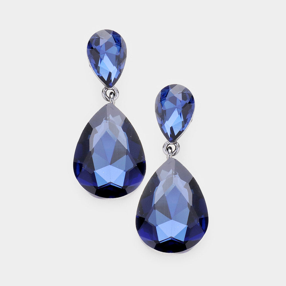 Little Girls Double Navy Crystal Teardrop Evening Earrings | 468010