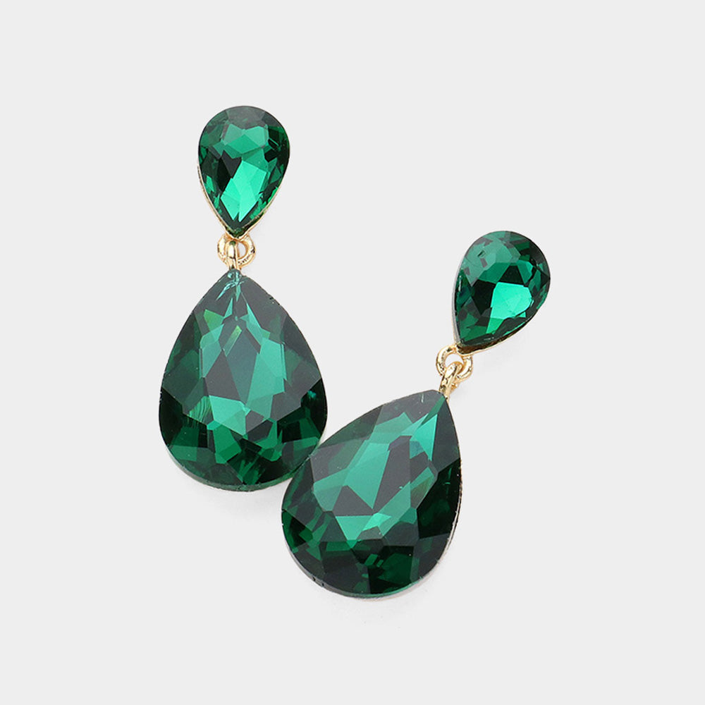 Little Girls Double Emerald Crystal Teardrop Evening Earrings | 389495