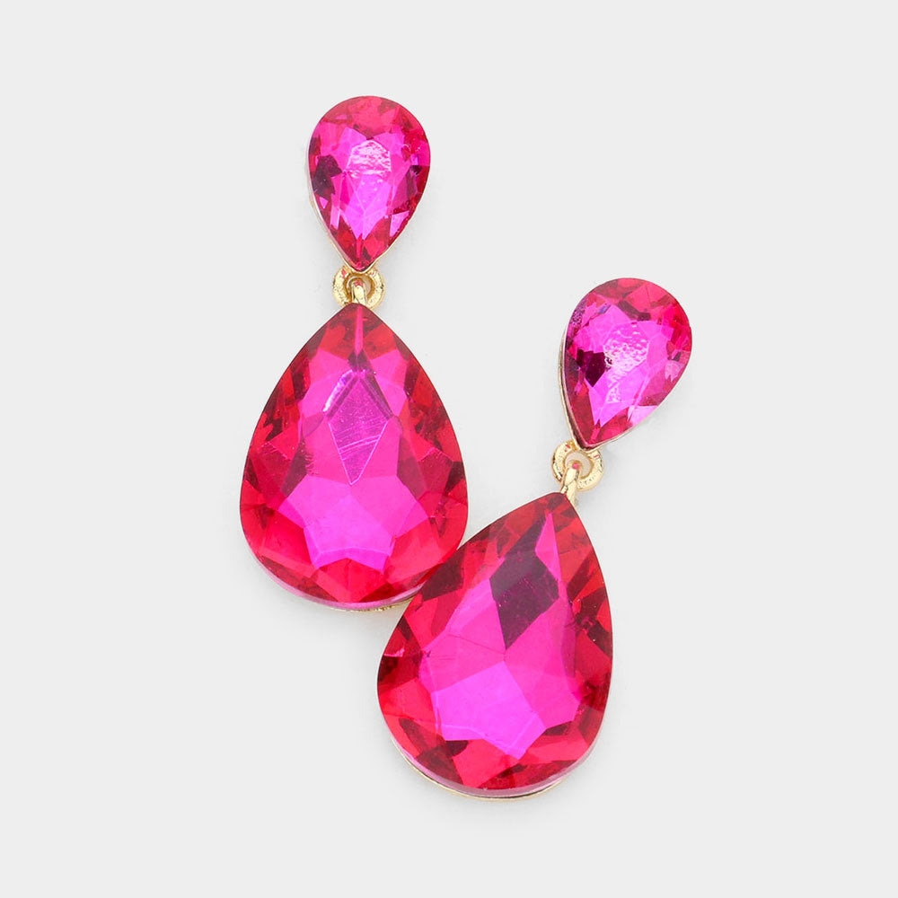 Little Girls Double Fuchsia Crystal Teardrop Evening Earrings | 565110