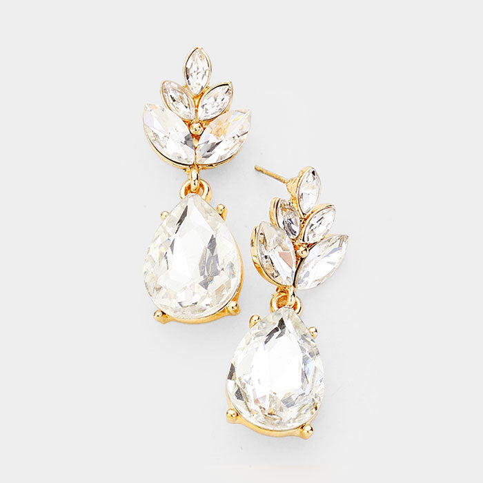 Little Girls Clear Crystal Teardrop Cluster Earrings on Gold | 407450