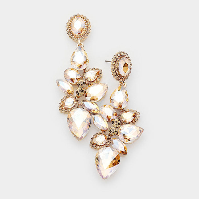 Gold Crystal Teardrop Cluster Dangle Pageant Prom Earrings | 412159