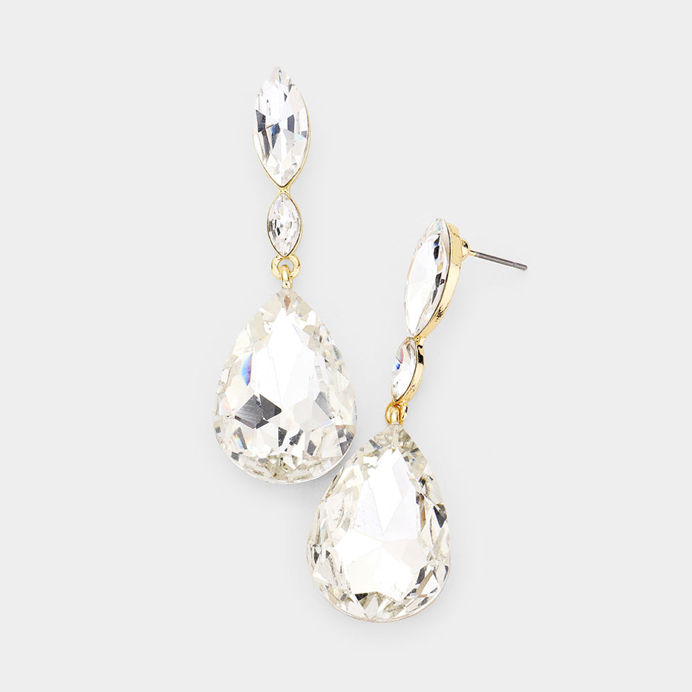 Small Double Clear Crystal Teardrop Earrings on Gold | 434251