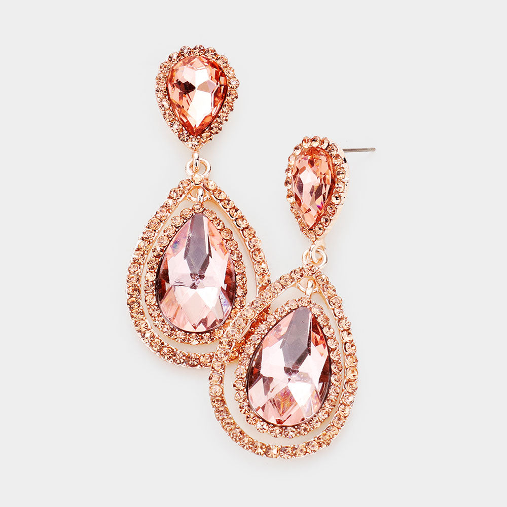 Peach Double Surrounded Teardrop Earrings on Rose Gold | 486788