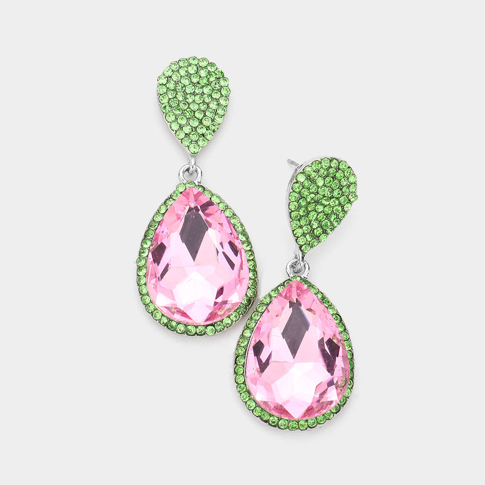 Pink & Green Teardrop and Cluster Rhinestone Pageant Drop Earrings | 542241