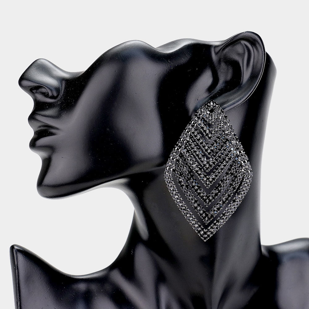 Black Wide V Shape Rhinestone Earrings | 442122