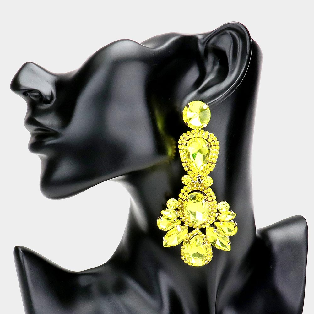 Large Yellow Crystal Rhinestone Statement Pageant Earrings | 521518