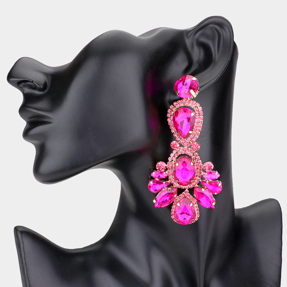 Large Fuchsia Crystal Rhinestone Statement Pageant Earrings | 569268