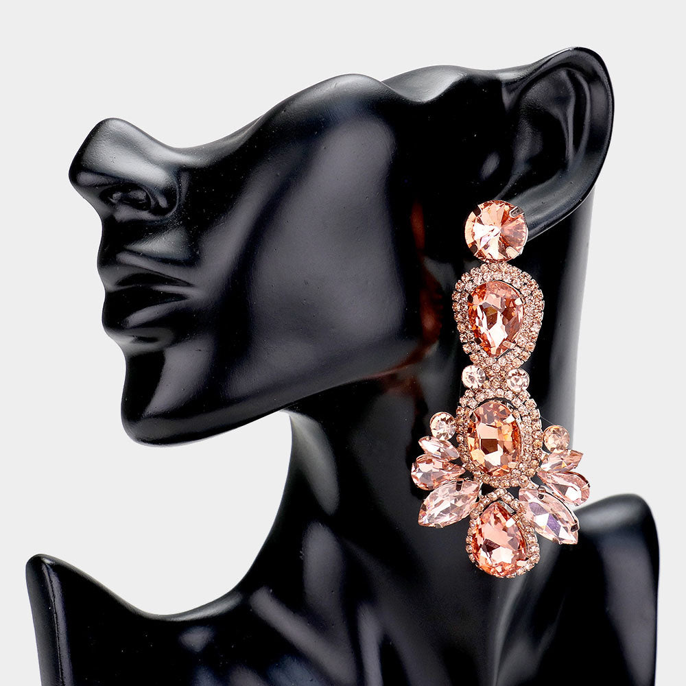 Large Peach Crystal Rhinestone Statement Pageant Earrings | 442143