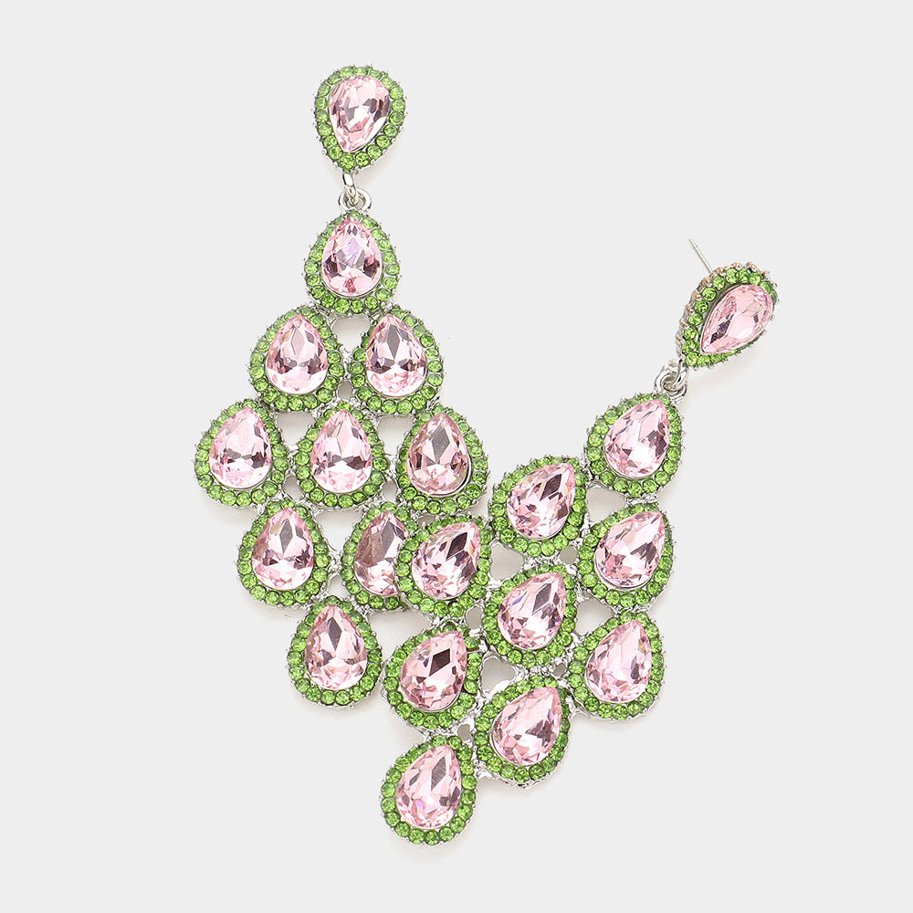 Pink & Green Rhinestone Trim and Teardrop Cluster Vine Pageant Earrings | Big Prom Earrings | 644332
